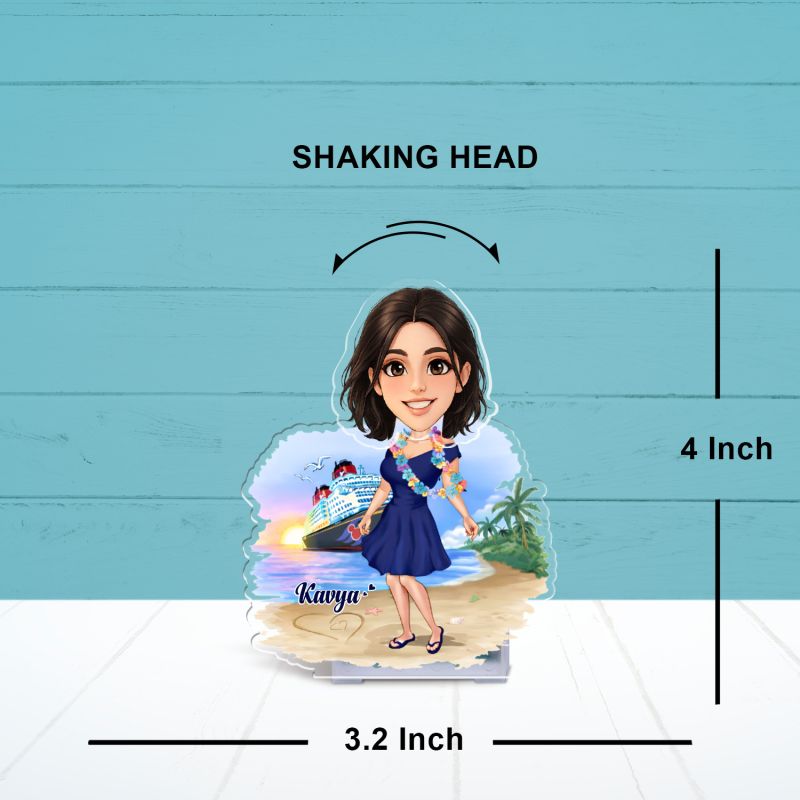 Personalized Bobblehead Caricature with Beach Theme Custom with Face Cutout & Name Birthday Gift for Girls Battery Powered Moving Head Tabletop Decor